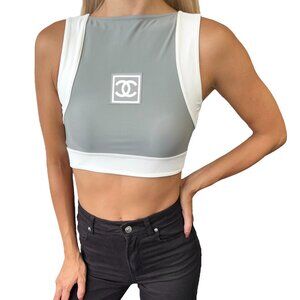 CHANEL Sport Vintage 01P CC Mark Tank Top #38 Cropped Gray White Nylon  [106355]